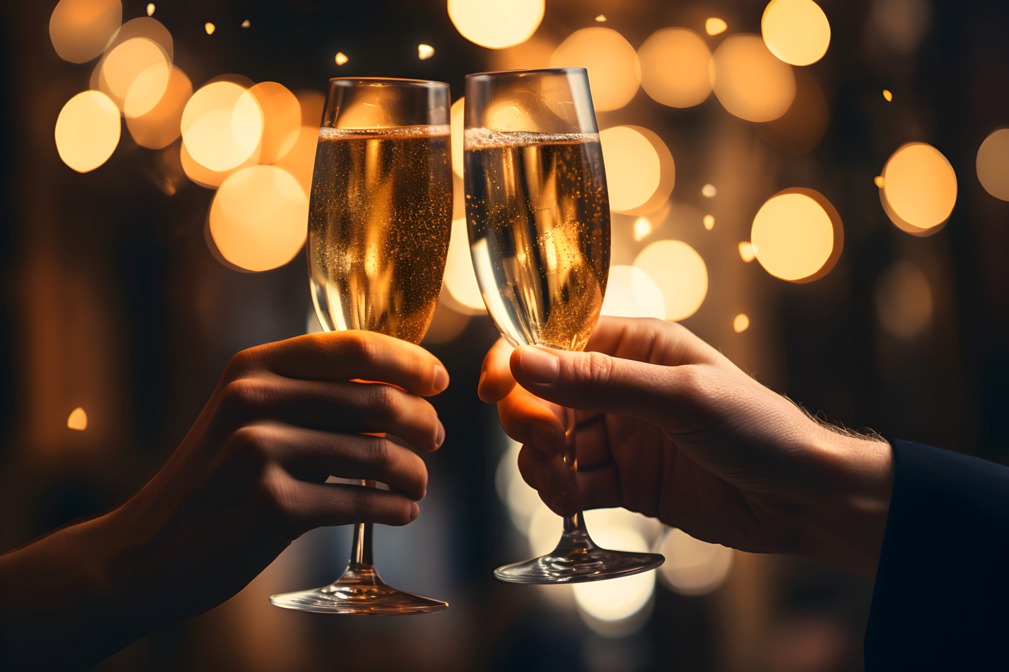 Hands of young couple holding champagne glasses on festive gold glowing bokeh background. Celebration background with sparkling wine.